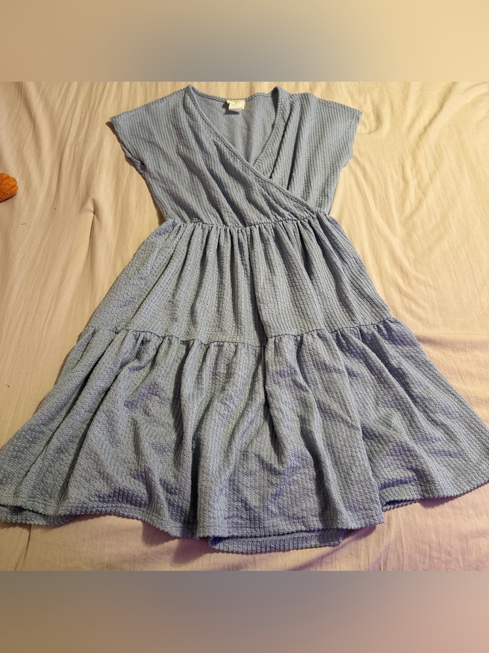 Light Blue Textured Tiered Wrap Dress